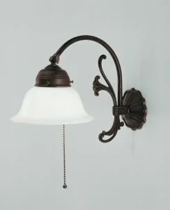 Antike Wandleuchte Glas Messing E27 mit Zugschalter