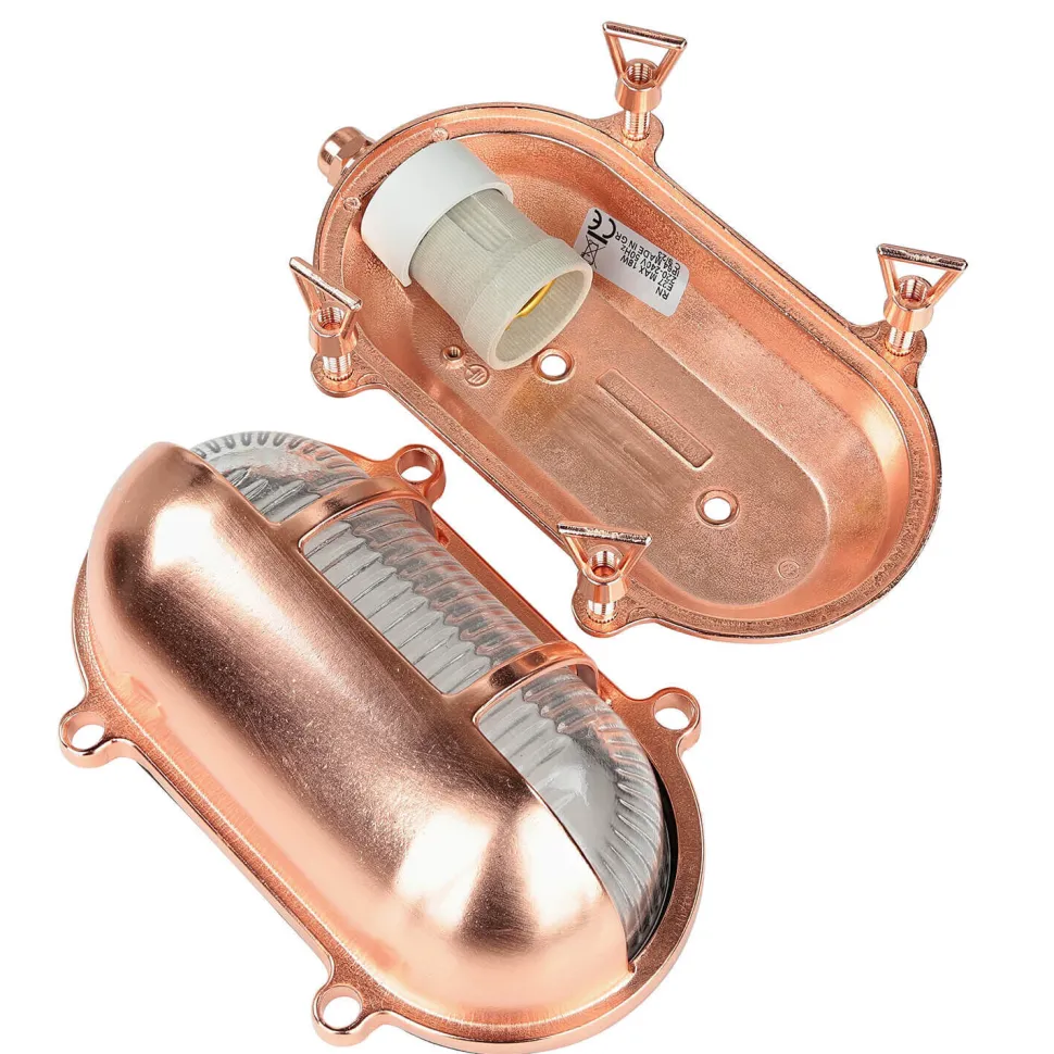 Außenlampe Messing Riffelglas Maritim IP64 E27 Kupfer