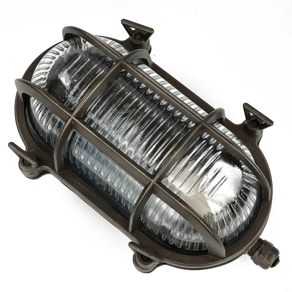 Außenlampe Wand Maritim Messing Riffelglas Schwarz antik