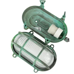 Außenlampe Wand Messing Glas IP64 E27 Maritim Grün antik