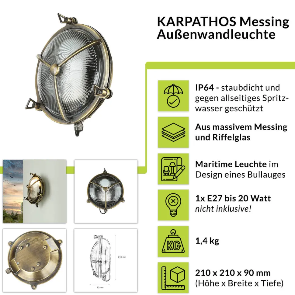 Außenwandlampe Glas Messing Haus rund rostfrei