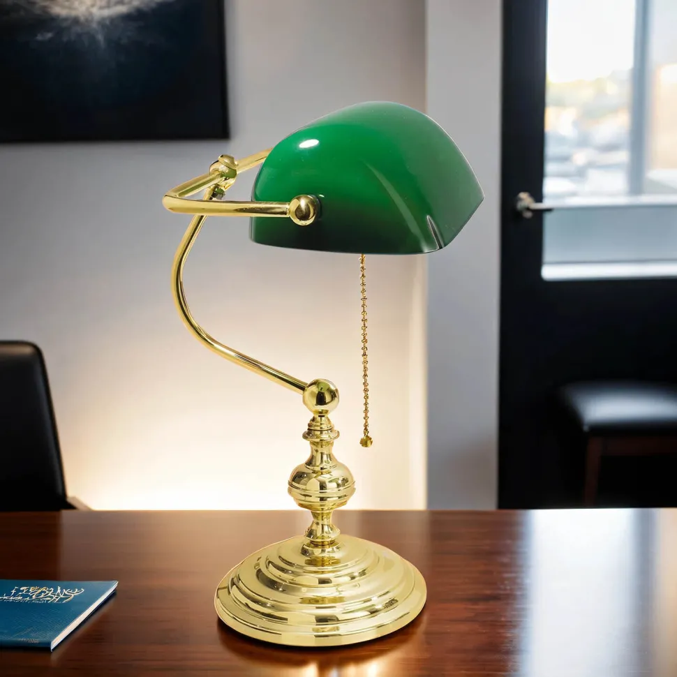 Bankerlampe 39 cm E27 Messing Glas Zugschalter Grün