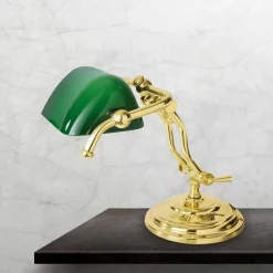 Bankerlampe E14 23 cm in Messing poliert Grün Glas