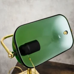 Bankerlampe E27 34 cm Messing Glas Zugschalter schwenkbar