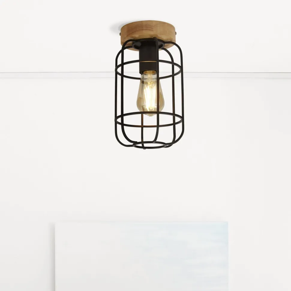 Deckenlampe E27 Holz Metall Draht B:15 cm Industrial