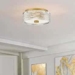 Deckenlampe E27 Kristall rund D: 30,5 cm in Messing Antik