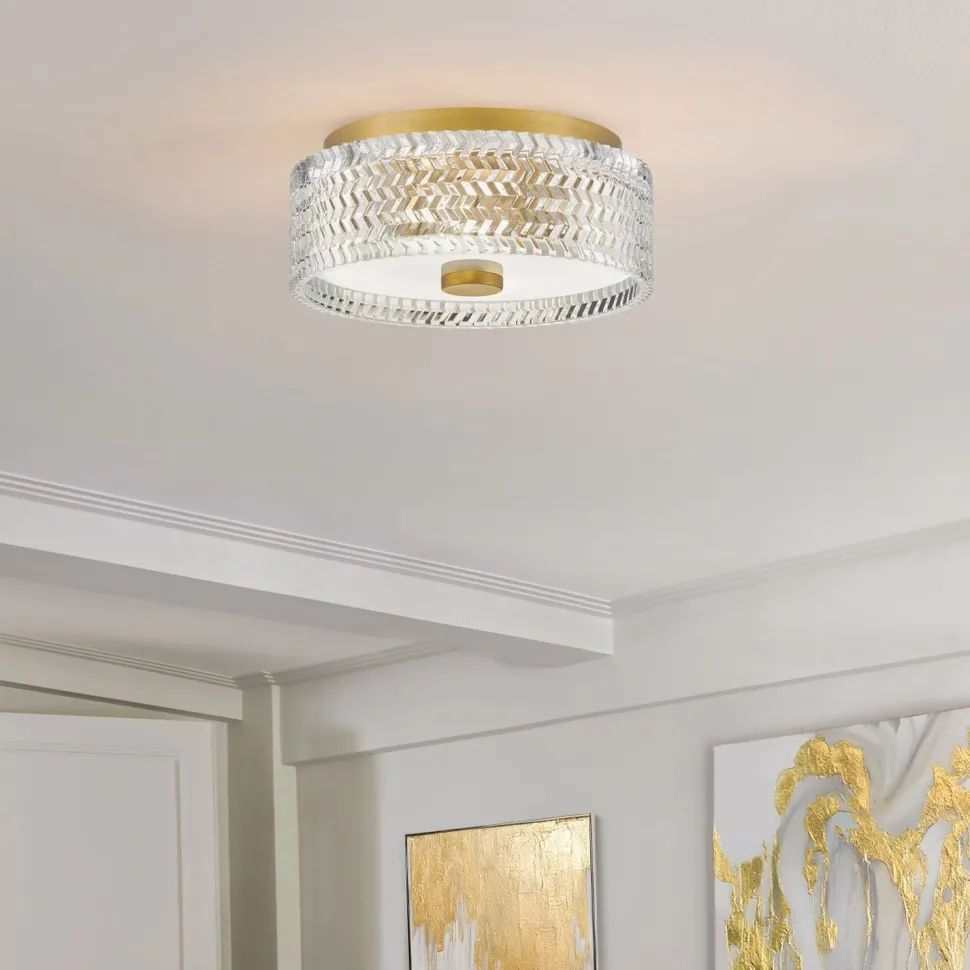 Deckenlampe E27 Kristall rund D: 30,5 cm in Messing Antik