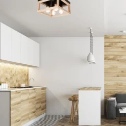 Deckenlampe eckig Schwarz Natur Holz Metall B: 30 cm