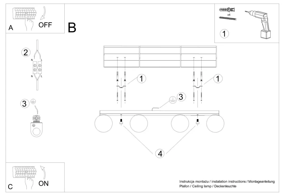 Deckenlampe Glas Metall 88 cm lang Weiß Schwarz 4x G9
