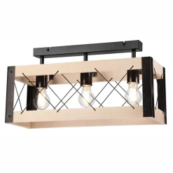 Deckenlampe Holz Metall Rustikal 3-flammig E27 Schwarz Natur