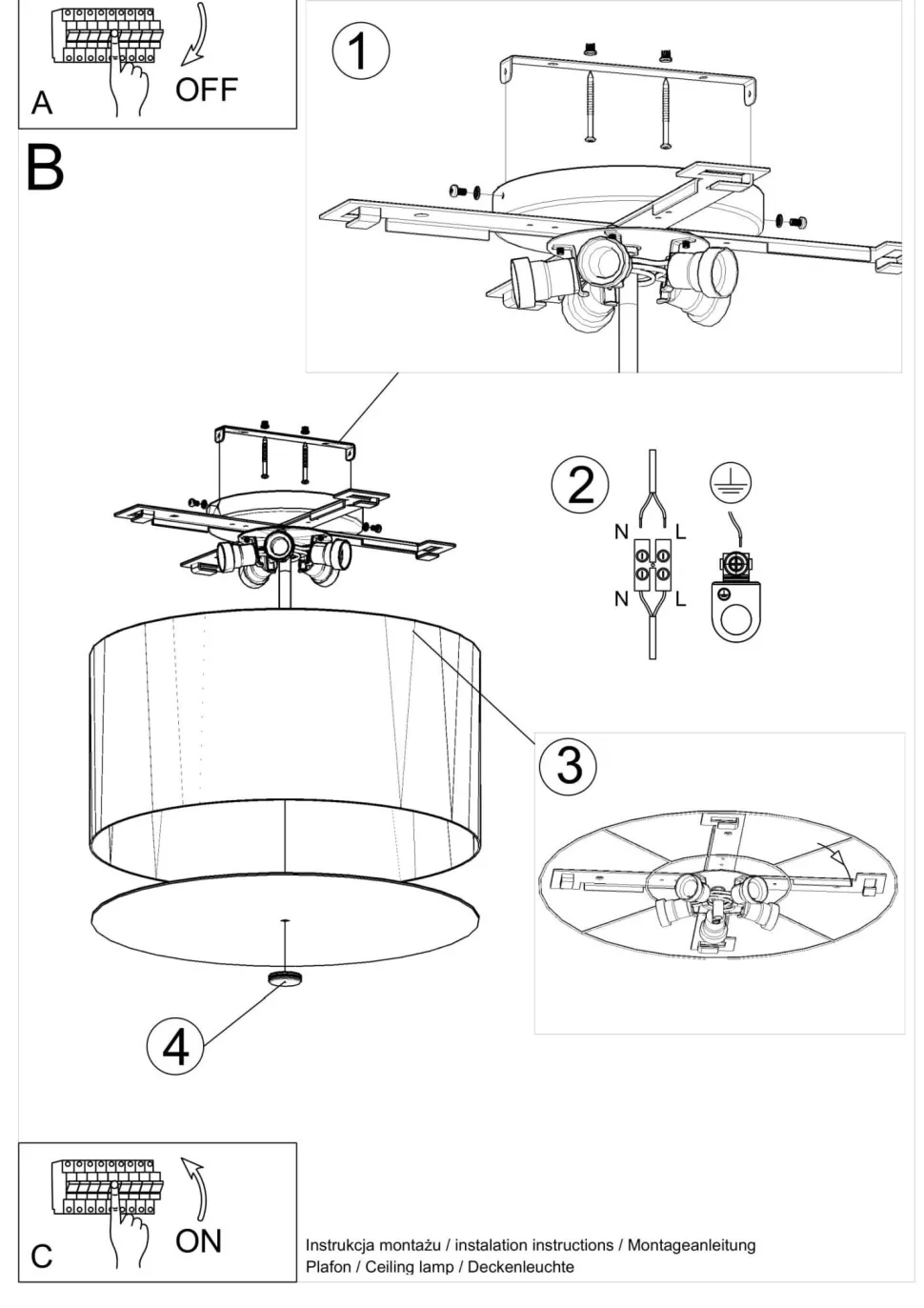 Deckenlampe Schwarz rund Ø 50 cm Stoff Glas 5x E27