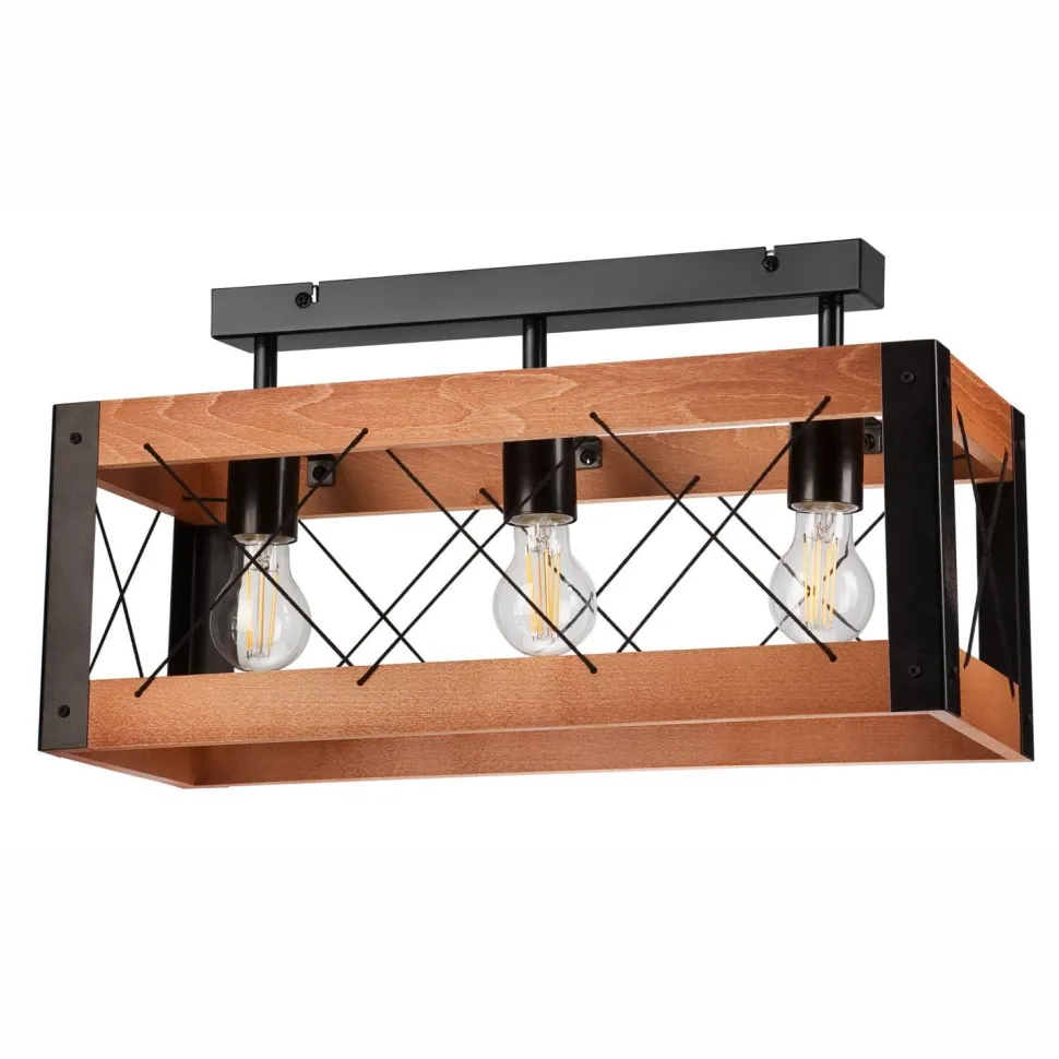 Deckenleuchte Holz Metall Rustikal L: 53 cm Schwarz 3x E27