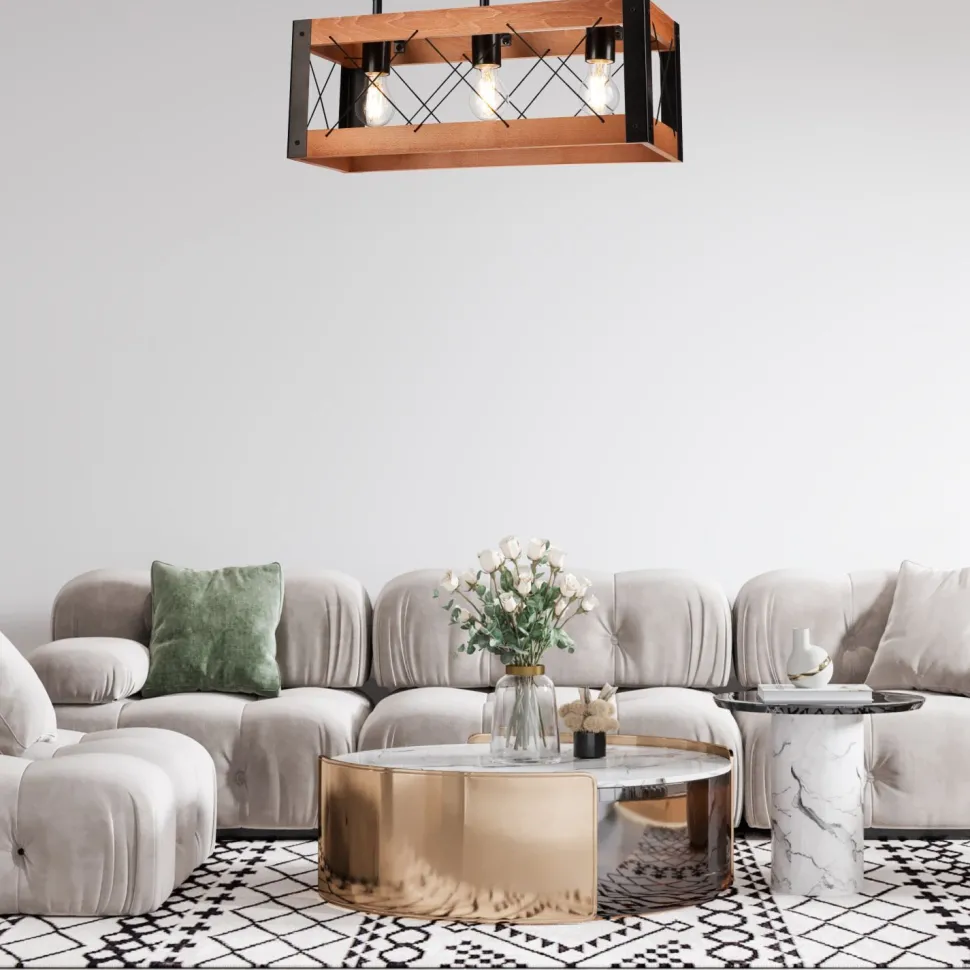 Deckenleuchte Holz Metall Rustikal L: 53 cm Schwarz 3x E27