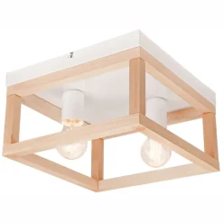 Deckenleuchte Holz Metall B: 30 cm eckig Natur Weiß 2x E27