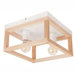 Deckenleuchte Holz Metall B: 30 cm eckig Natur Weiß 2x E27