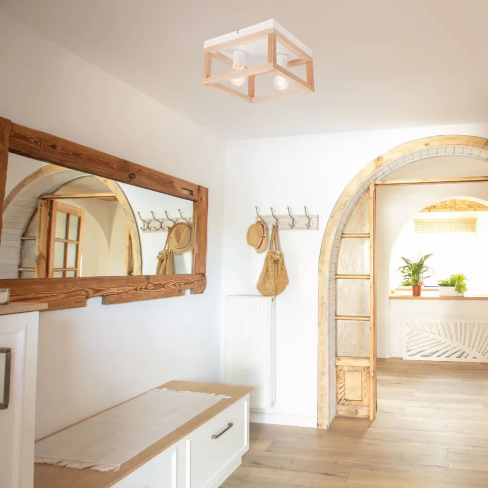 Deckenleuchte Holz Metall B: 30 cm eckig Natur Weiß 2x E27