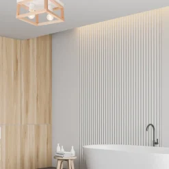 Deckenleuchte Holz Metall B: 30 cm eckig Natur Weiß 2x E27