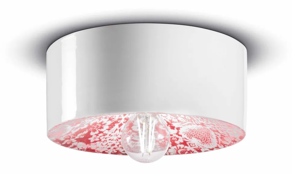 Deckenleuchte Keramik rund D: 25 cm Weiß Rot E27 Retro