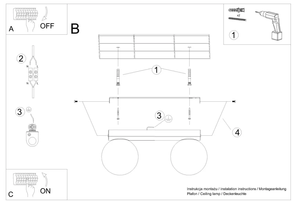 Deckenleuchte Kugel Schirme 2-flammig G9 Glas Metall