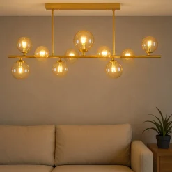 Deckenleuchte Rauchglas Metall 87 cm lang Creme Gold 10x G9