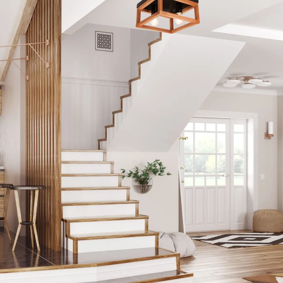 Deckenleuchte Rustikal Holz Metall B: 30 cm Schwarz eckig