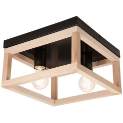 Deckenleuchte Schwarz Natur 2x E27 B: 30 cm eckig Holz Metall