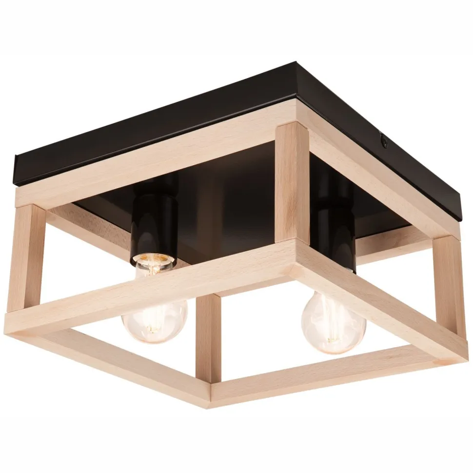 Deckenleuchte Schwarz Natur 2x E27 B: 30 cm eckig Holz Metall