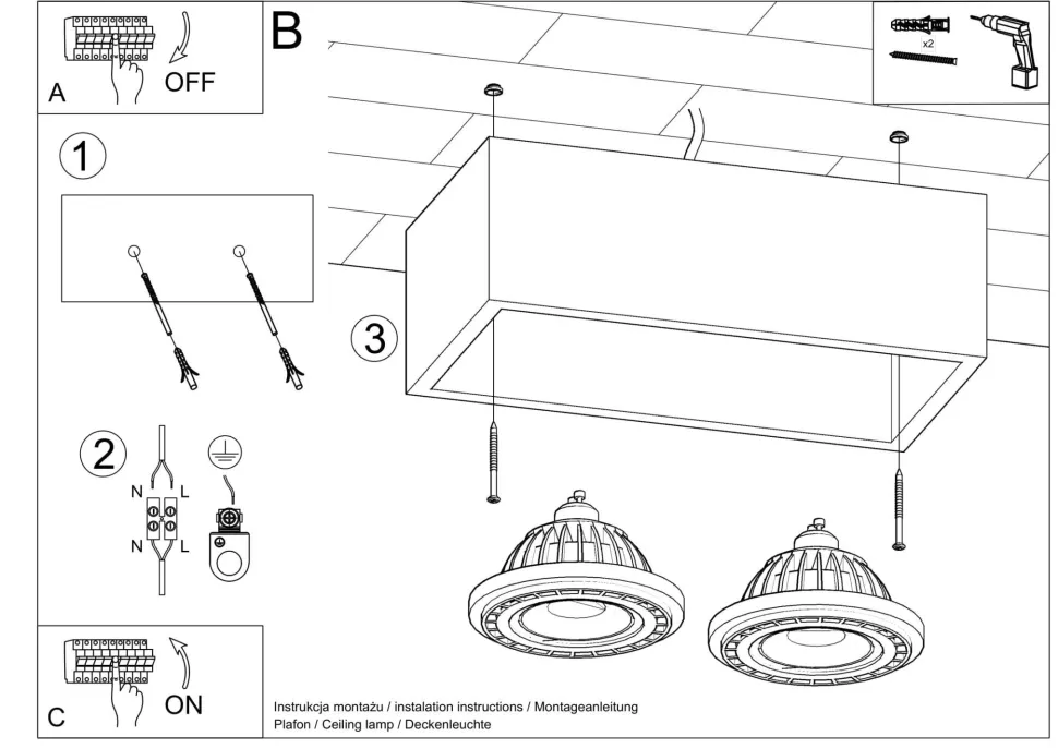 Deckenspot innen Beton 27 cm lang eckig 2-flammig GU10