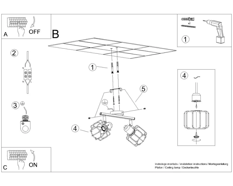 Deckenstrahöer Schwarz schwenkbar 2-flammig E14 Retro