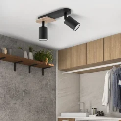 Deckenstrahler 2-flammig Metall Holz Schwarz Natur 35 cm