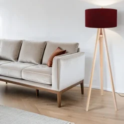 Dreibein Stehlampe Holz 140cm Bordeaux Retro Wohnzimmer