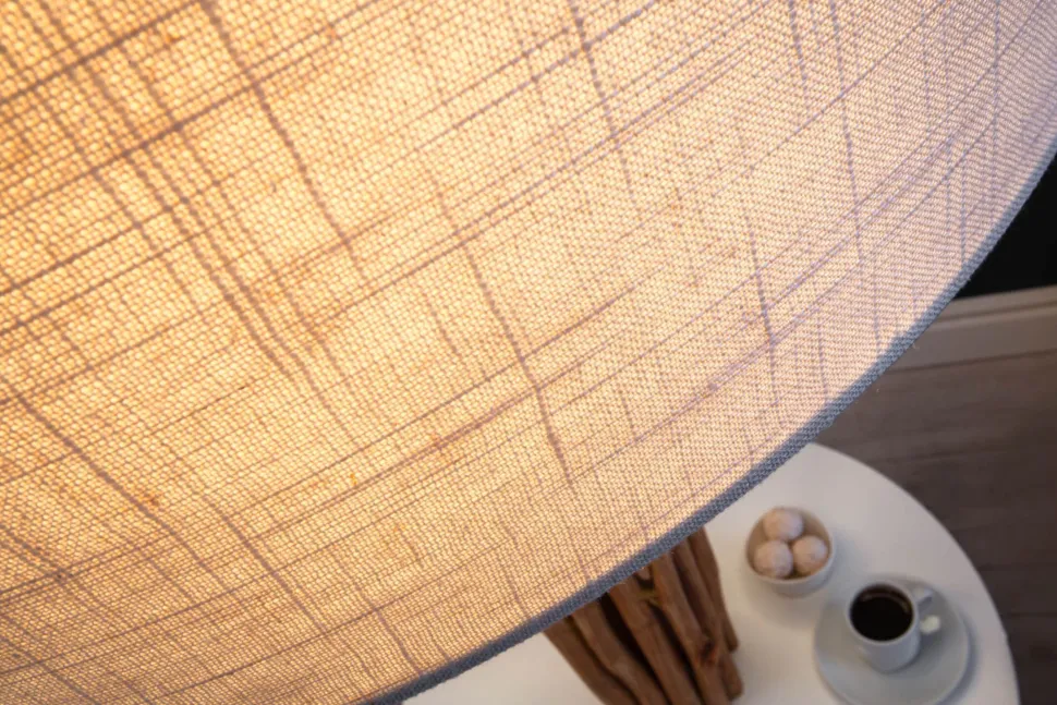 Dreibein Stehleuchte Holz Leinen Ablage 153 cm blendarm