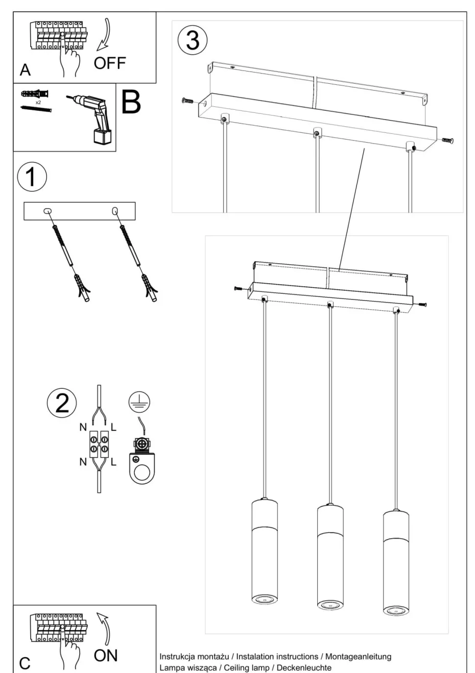 Graue Hängelampe 3-flammig Beton Holz verstellbar GU10