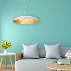 Große Hängelampe Stoff E27 Weiß Gold Ø100 cm rund