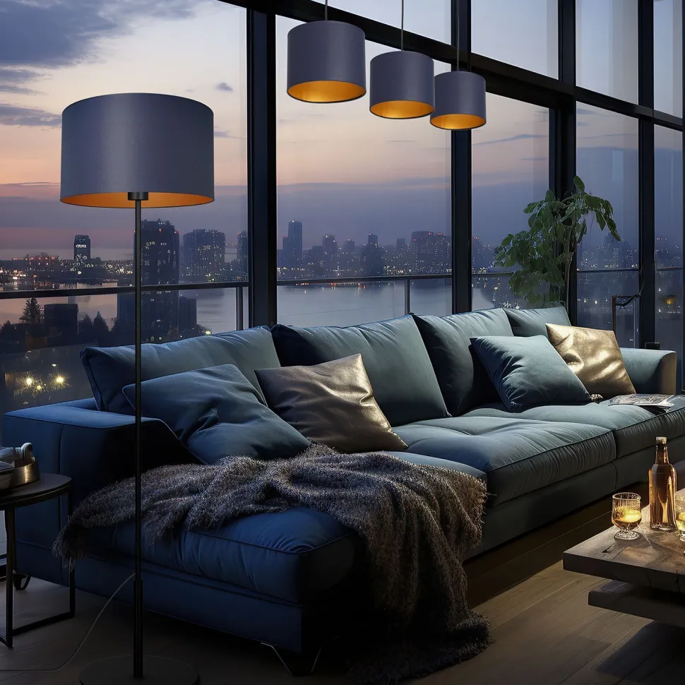 Hängelampe Blau Gold Stoff Metall E27 75 cm blendarm