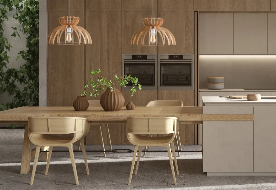 Hängelampe E27 Ø 48 cm Weiß Natur Holz Schirm natürlich