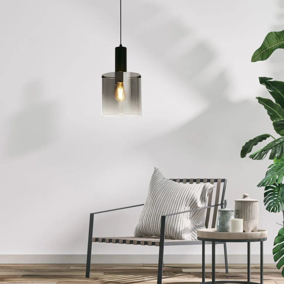 Hängelampe Glas Metall D: 22 cm E27 Schwarz Rauchgrau