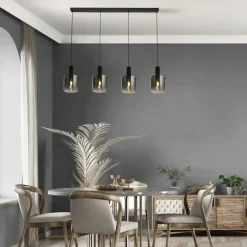 Hängelampe Grau Schwarz B: 142 cm 4-flammig E27 Glas Metall