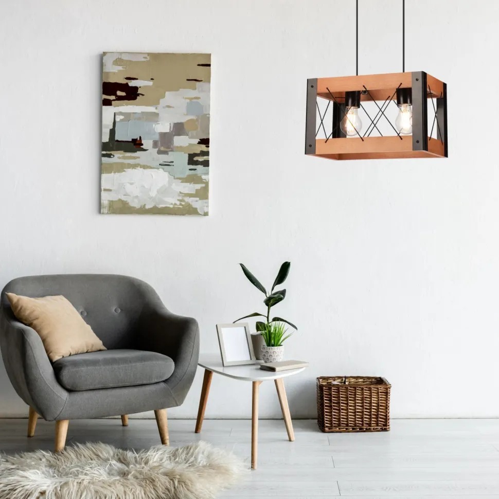 Hängelampe Holz Metall Rustikal B: 33 cm höhenverstellbar