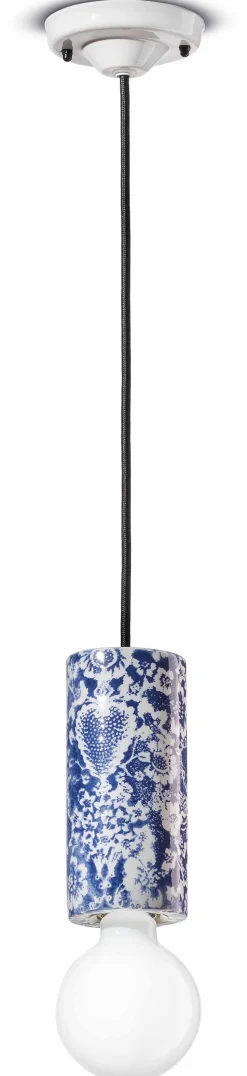 Hängelampe Keramik E27 D: 8 cm Blau Muster rund Retro