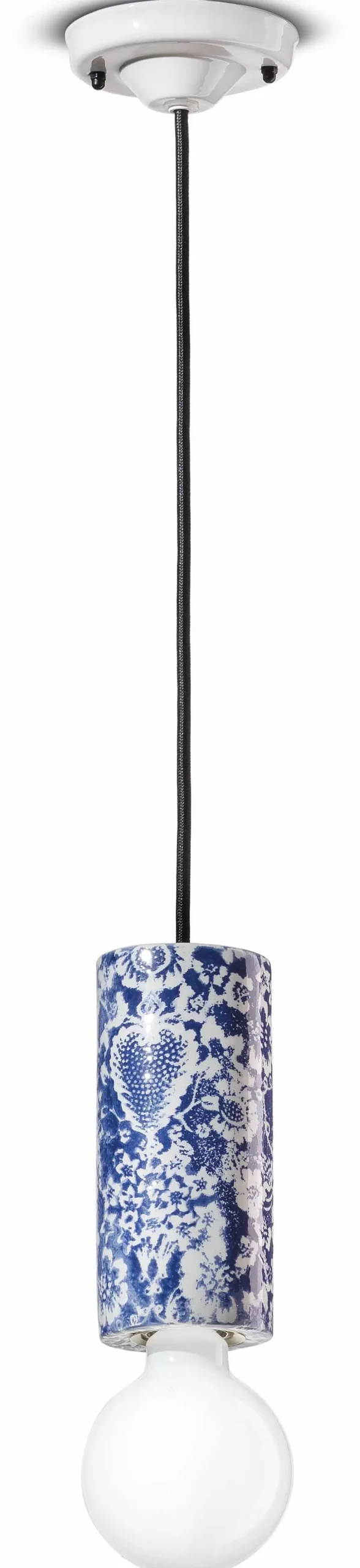 Hängelampe Keramik E27 D: 8 cm Blau Muster rund Retro