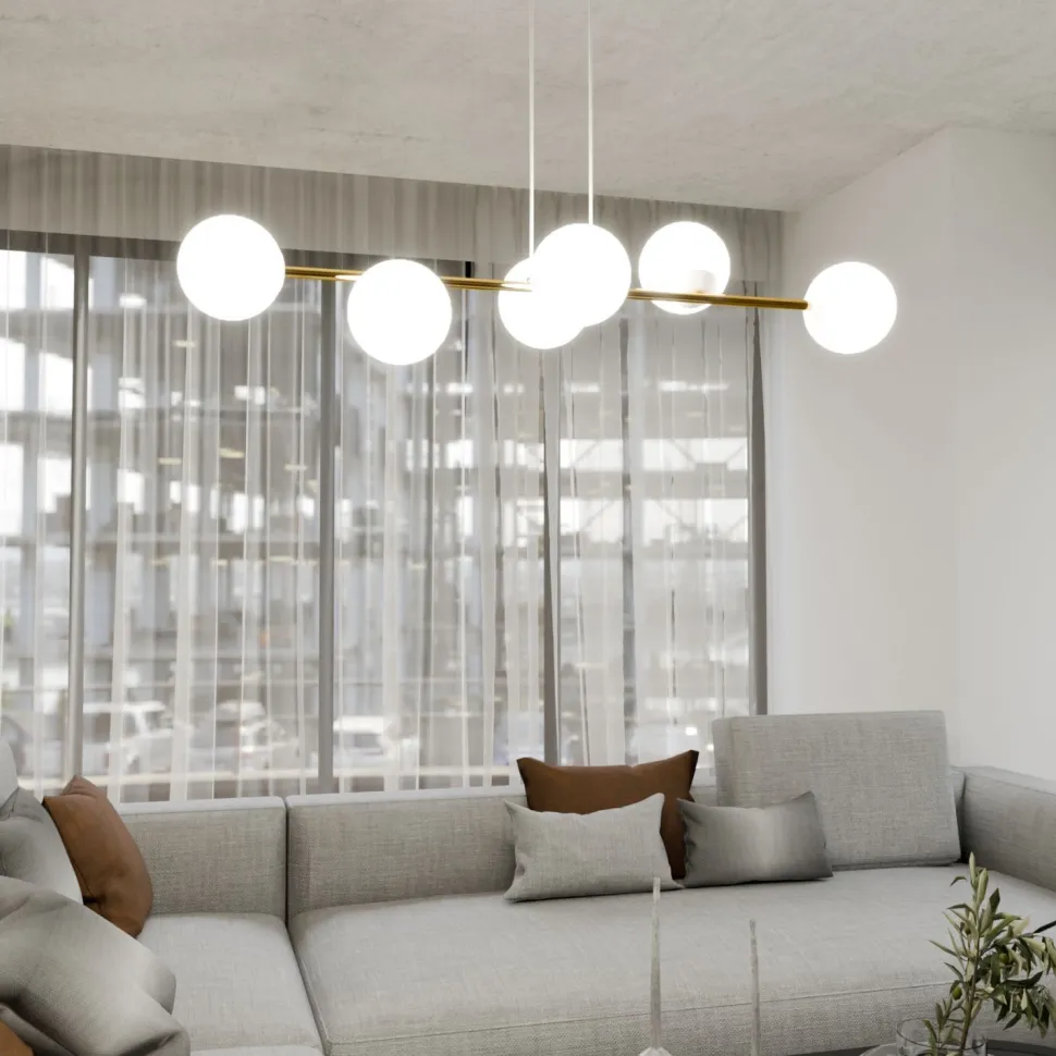 Hängelampe Metall Glas in Weiß Gold 110 cm lang