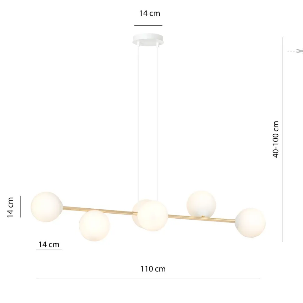 Hängelampe Metall Glas in Weiß Gold 110 cm lang