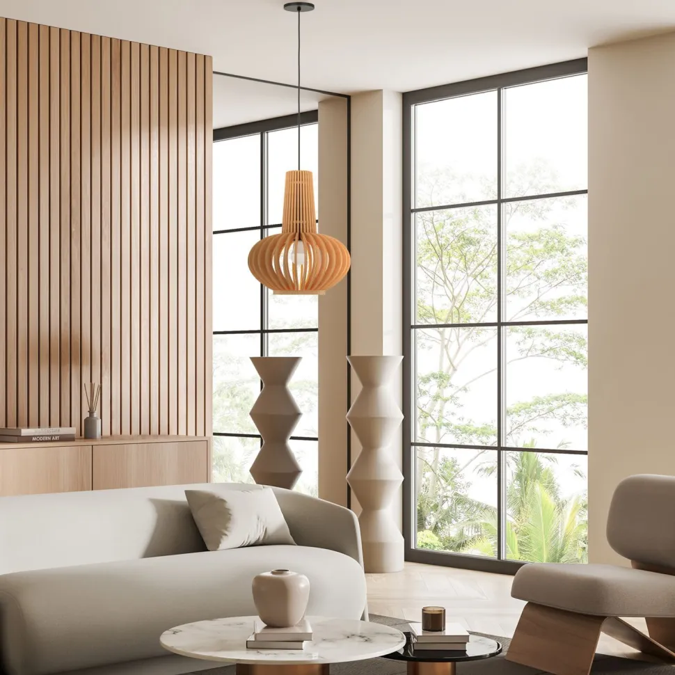 Hängelampe Metall Holz D: 35 cm rund H: max. 340,5 cm