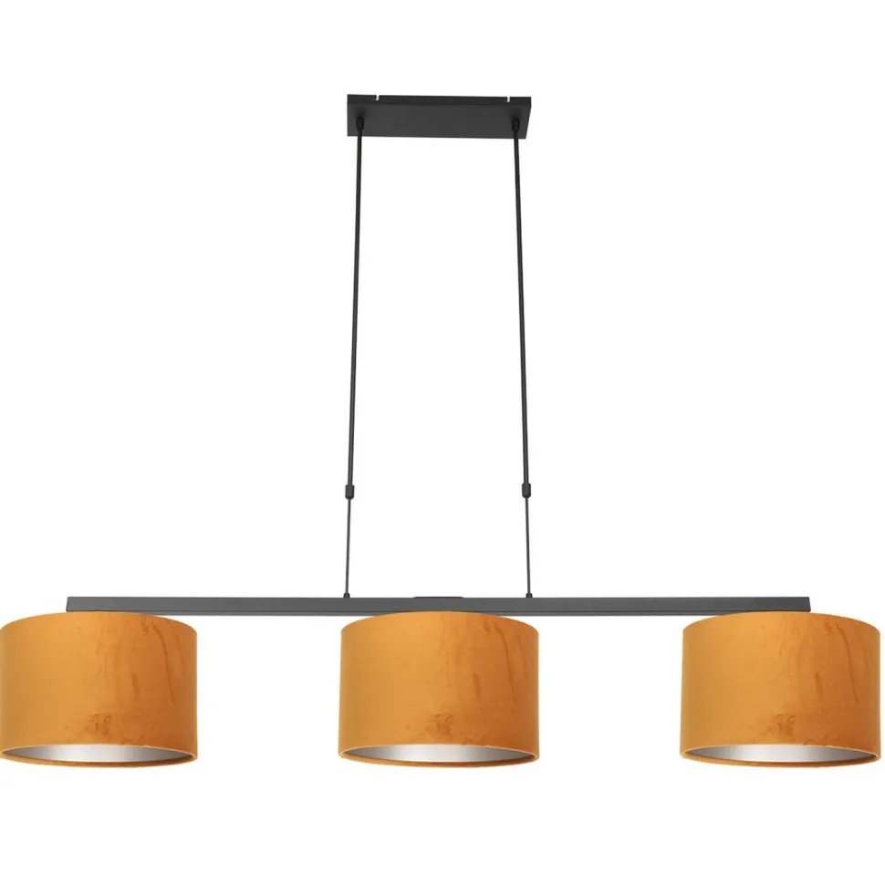 Hängelampe Metall Stoff in Schwarz Gold 140 cm 3-flmg