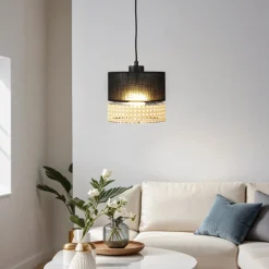 Hängelampe Modern Schwarz Braun E27 Stoffschirm