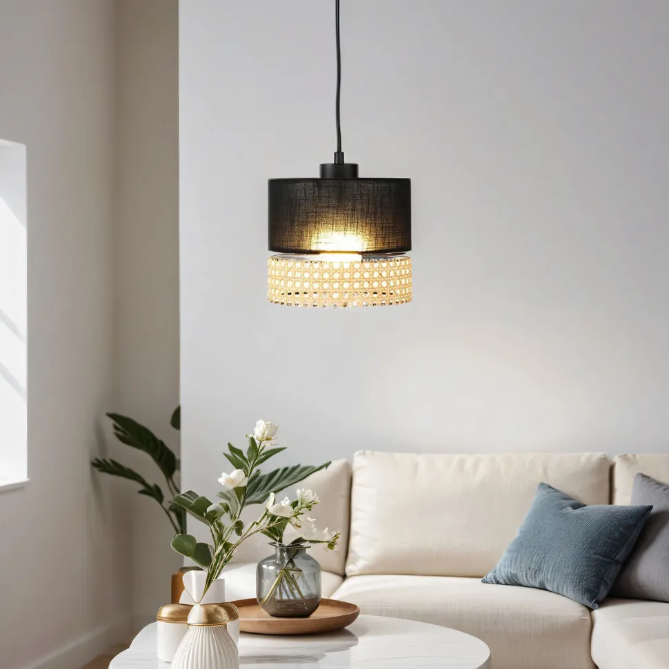 Hängelampe Modern Schwarz Braun E27 Stoffschirm