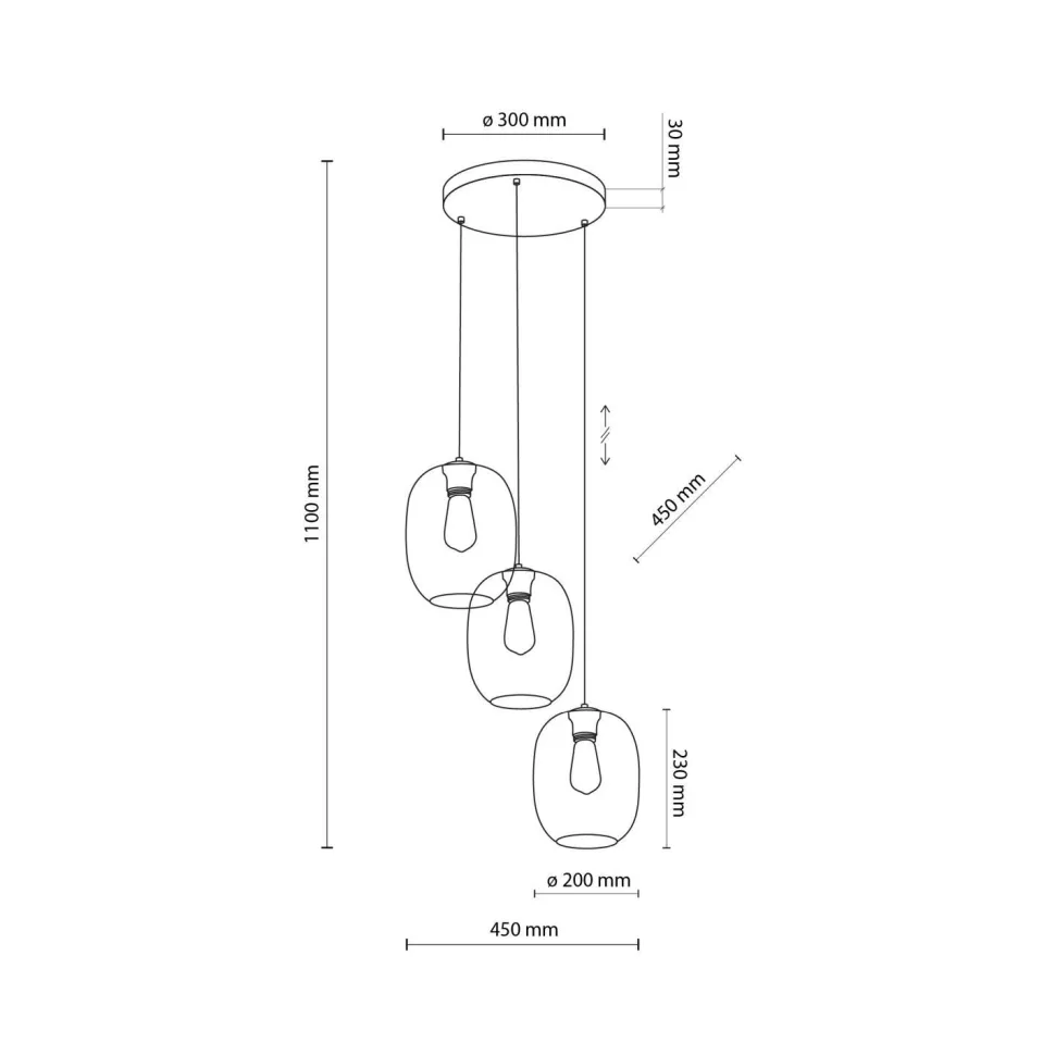 Hängelampe Rauchglas H: max. 110 cm Ø 45 cm 3-flammig E27