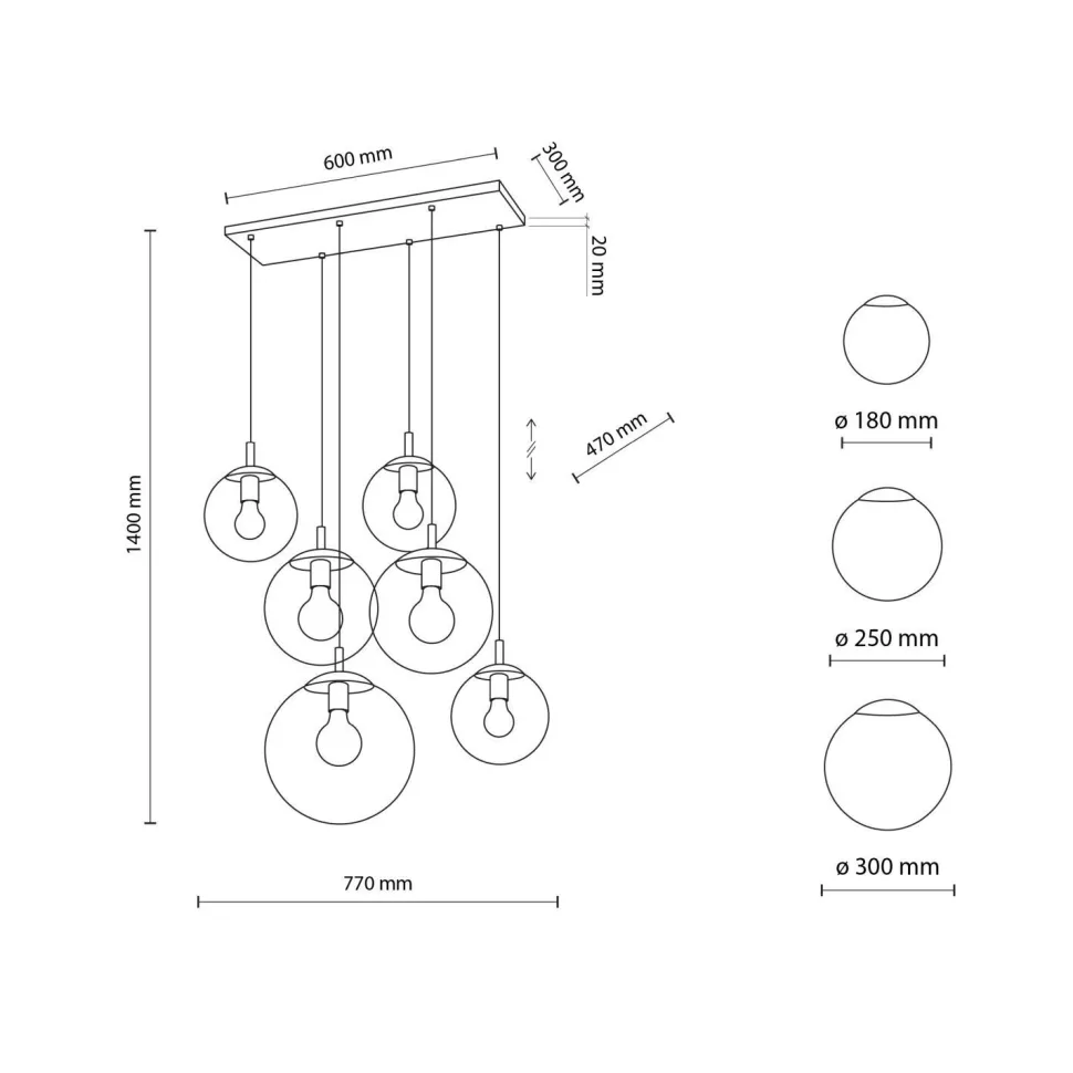 Hängelampe Rauchglas L: 77 cm H: max. 140 cm 6x E27