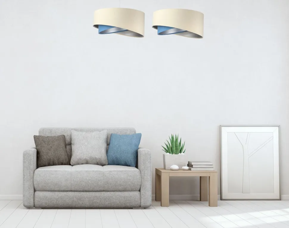 Hängelampe rund D: 50 cm Stoff Creme Blau Silber E27 Modern